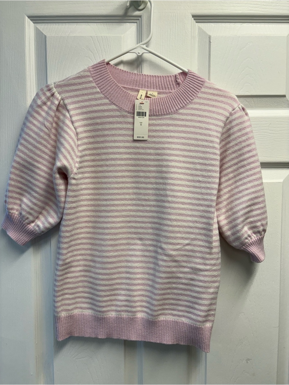 Moth Light Pink & White Striped Puff Sleeve Knit Top